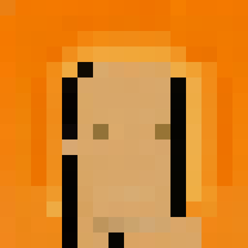 A pixel art portrait of a person with a neutral expression, featuring a minimalist design with light skin tone, brown eyes, and black hair. There are shiny spots on the forehead and cheek to indicate lighting, set against a solid orange background. The style is reminiscent of early video game characters, with a square aspect ratio.