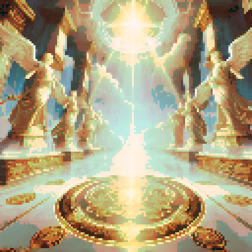 A divine battleground with a glowing marble floor inscribed with holy symbols. Angelic statues and golden light beams frame the space, with a serene, radiant atmosphere.
