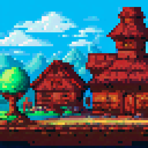 Cozy fantasy tavern with a wooden table adorned with tankards, surrounded by patrons in medieval attire, flickering candlelight casting warm hues on the stone walls, all set against a picturesque pixel art landscape in vibrant sRGB colors