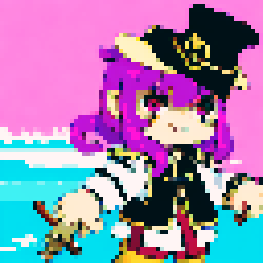 female pirate captain with pink hair, white frilly shirt, and captain's hat holding flintlock pistols on the bow of her ship looking defiant against sinister albatrosses, crabs, and deep sea creatures