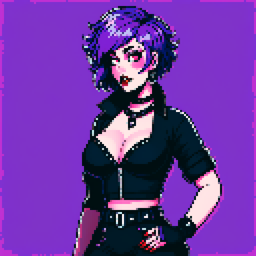 Curvy, busty goth girl, with purple hair, eyeshadow and red lipstick. Very busty, wearing bikini and studded collar, sexy seductive photo, portrait.  vibrant srgb colors, edgy aesthetic