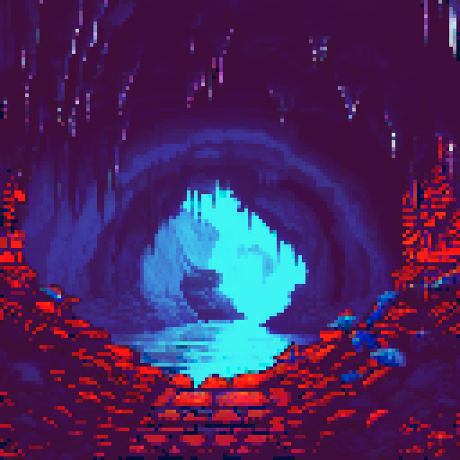 Dark, damp cave with uneven walls and stalactites, ancient inscriptions and drawings, deep rock tunnel, faint light, sRGB, pixel art, background, landscape
