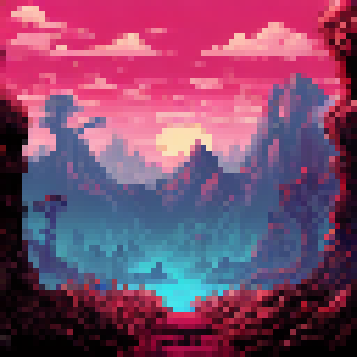 Dark, twisted trees loom overhead, casting eerie shadows on the misty forest floor, while in the distance, a foreboding mountain range rises ominously against the blood-red sky