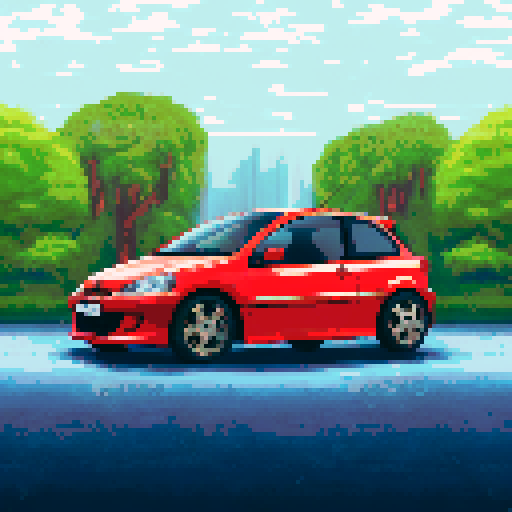 Photorealistic whole Peugeot 206, three-quarter view, right front wheel, clean background, sRGB colors, pixel art style
