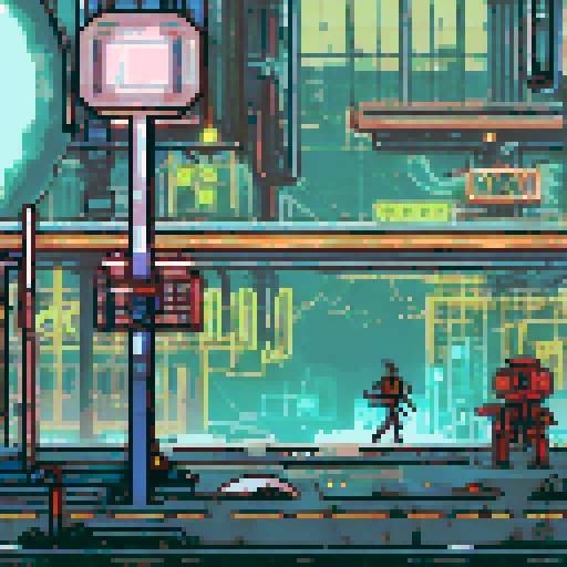 Run-down, apocalyptic atmosphere with dilapidated machinery and sparks flying in a pixel art, sRGB, background landscape of a Futuristic robot factory Towering metal structures and cracked concrete floors create an eerie ambiance, illuminated by flickering neon lights Rusty conveyor belts and broken windows reveal shattered glass, while discarded robot parts lie among overgrown vines Eerie shadows dance across abandoned control panels, with parallax effects adding depth to the scene