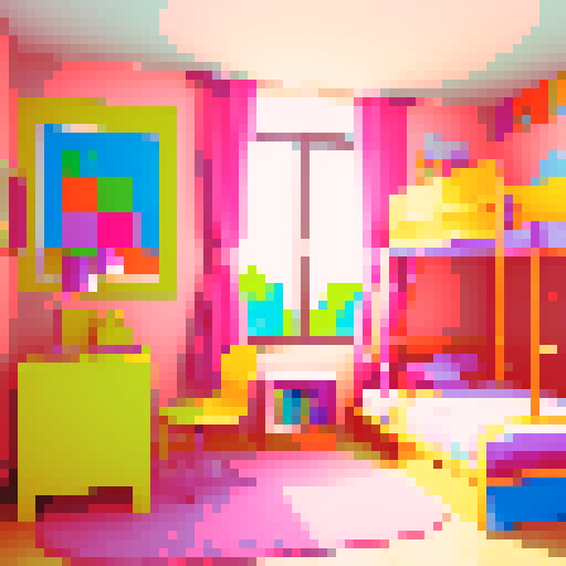 A cozy, colorful child's room with a vibrant, pixel art background, whimsical, toy-filled 
