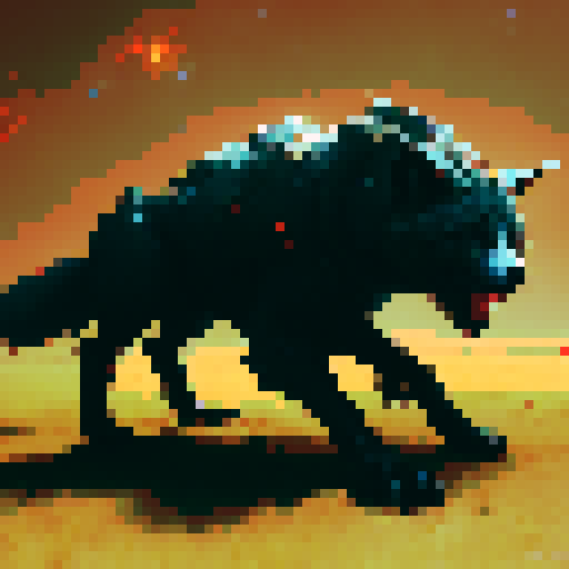 Full body shot of wolf with red glowing eyes, razor sharp teeth, drooling and preparing to attack in a field on a cloudy day