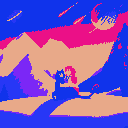 Woman with auburn hair and a black cat with yellow eyes in between towering, snow mountains in space