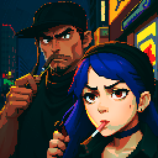 Girl on the right smoking a cigarette, guy on the left holding a gun with a black bandanna around half his face, gritty, rainy, nighttime, downtown