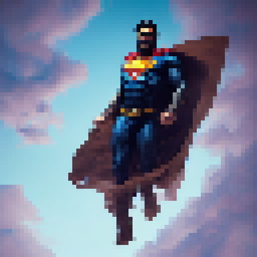 Brown leather-clad, bearded and tattooed Superman soars through vibrant comic-style skies, his expanded portraiture a stark contrast to the foreboding, skeletal pigeoncore backdrop of Group Zero's take on the superhero, all rendered in realistic shades of blue.