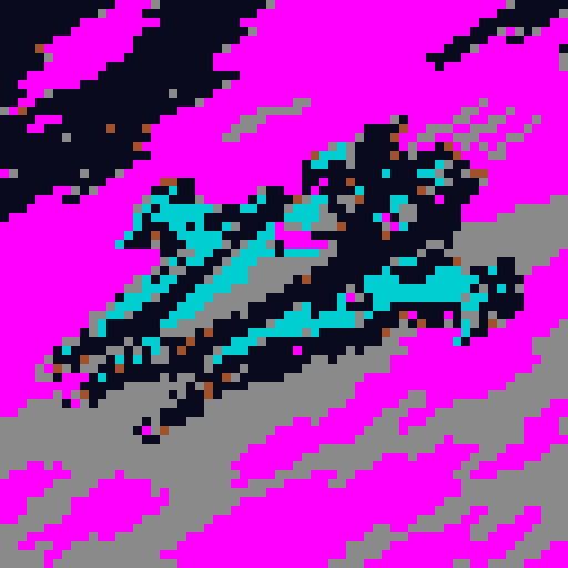 16-bit pixel art spaceship, blocky silver hull with rust patches, glowing cyan engines trailing a cyan-magenta hyperspace streak, SNES retro style, 64x64px grid, limited 16-color palette, sharp edges.

