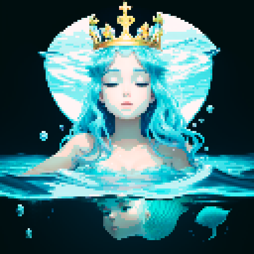 Create a close-up image of a mermaid with a crown, partially submerged underwater. Half of her face is above the water's surface, revealing her beautiful features. The underwater portion of her face should show her aquatic beauty, with the serene, mysterious ambiance of the ocean surrounding her. The crown should have an ethereal, shimmering quality, adding to her majestic presence.