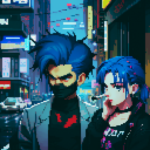 blue haired 90s pop girl on the right is smoking a cigarette, and the man on the left with black hair is holding a gun, night time rainy streets, grim