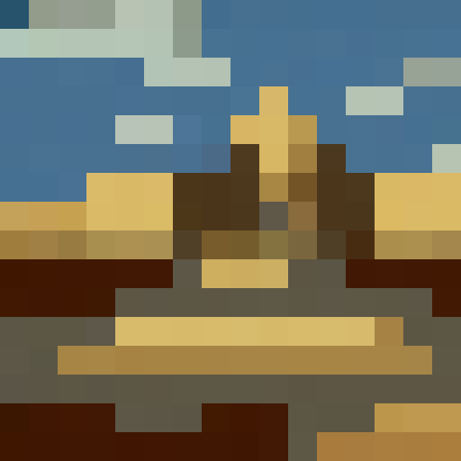 Create an 8-bit desert background featuring a simple yet captivating desert landscape. The background should showcase a sandy terrain with minimal vegetation and cacti scattered throughout. The sky should be depicted with a single shade of blue to maintain the limited color palette of the 8-bit style.

Design the sand dunes using basic geometric shapes like rectangles or triangles, arranging them to give the impression of depth and movement. The dunes can be of varying sizes and heights, creatin
