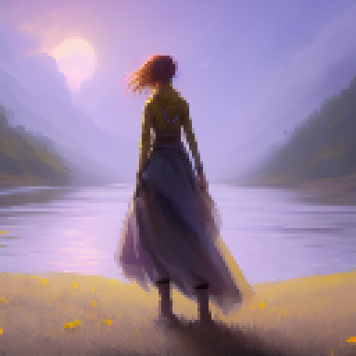 the Girl Stand at the river near the window and she sad, the yellow sky, Flower fall on the ground with dargon