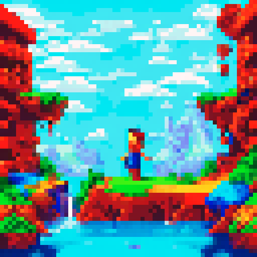 Huge breasts spill over tight crop top as flushed woman leans against pixelated brick wall, Lewd man behind with his massive member out, surrounded by vibrant sRGB landscape in pixel art style