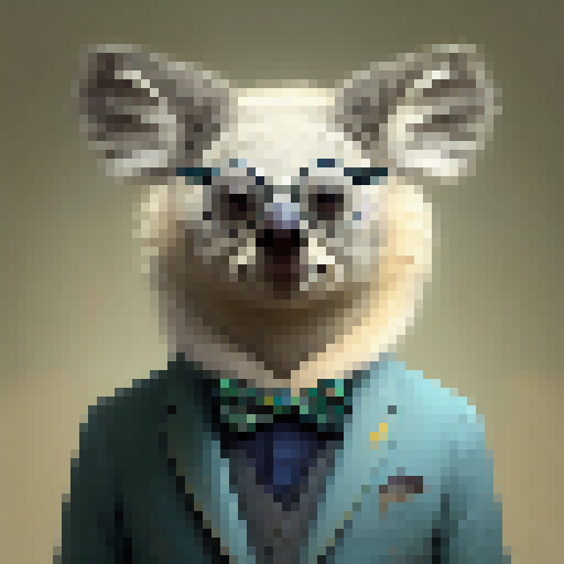 "Whimsical, cartoonish illustration of a dapper koala sporting blue spectacles and a debonair bow-tie against a pristine white backdrop, with fuzzy fur and oversized ears giving the image a charmingly quirky touch."