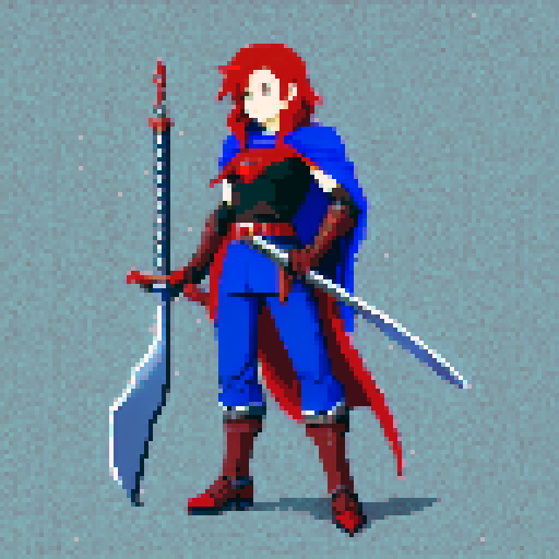 JRPG character with red hair, silver armor, blue pants, black cape, brown shoes, wielding a sword, rendered in pixel art style with vibrant sRGB colors