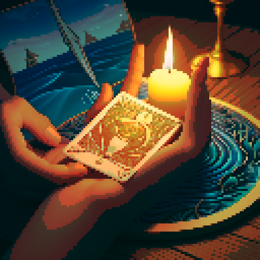 A close-up of a woman's hands over a table during a tarot card reading in a medieval dark style. The table is adorned with elements of the ocean such as sea shells, sand, and small pieces of coral. The atmosphere is mystical and dimly lit, with candlelight casting shadows that enhance the eerie and magical mood. The woman's hands are gracefully poised over the cards, which also have oceanic designs like waves and mermaids.