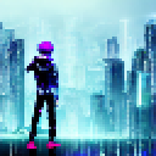 "Rain-soaked Neo gazes up at towering skyscrapers as neon lights reflect in his mirrored shades, while a glitching cyber world swirls behind him in a futuristic, cyberpunk art style."