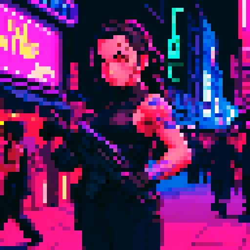 Street merchant assassin girl, neon-lit night market, slicked-back hair, pixelated sniper rifle, fluorescent tattoos, sRGB glow, bustling crowds.
