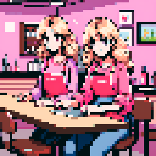 Girl A has long blonde wavy hair, wearing a pink apron, sitting in front of Girl B at a table in a nail salon. Girl B has brown hair and is wearing jeans. 