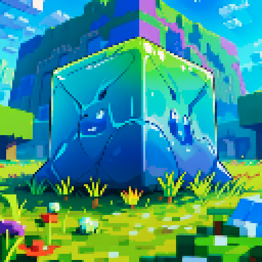 Blue Slime cube, Gelatinous cube, giant Slime, boss fight, grasslands, terraria, minecraft