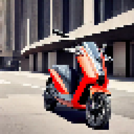 Peugeot's e-ludix prototype, a sleek and futuristic electric scooter, glides through a vibrant cityscape, its angular frame and bold lines perfectly captured in a striking landscape portrait.