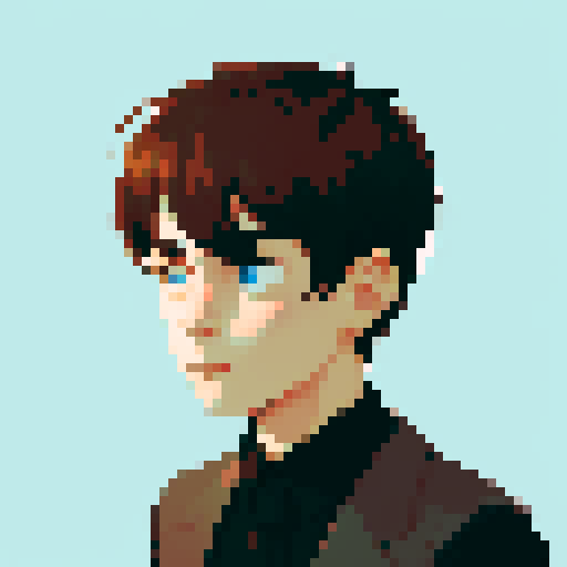portrait, sprite art, young man, sad, narrow eyes, muted colors, depressed, city dweller, neutral, eccentric