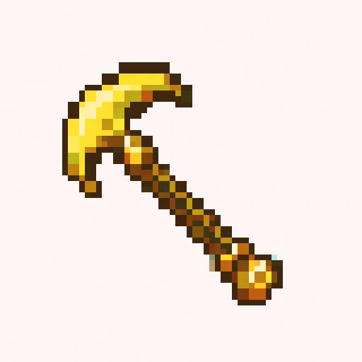 A luxurious farming hoe icon, tool head made of bright shiny yellow gold, elegant curved blade design, refined handle with golden accents and decorations, expensive and lightweight look. pixel art style, 16x16 grid resolution, minecraft item icon style, flat 2D game asset, white background, no shadows, hard edges, diagonal tool view.