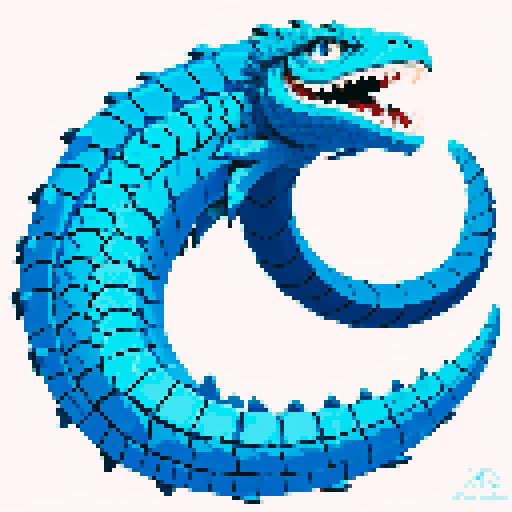 Basilisk with sharp scales, piercing blue eyes, and a coiled tail, depicted in vibrant light blue and white hues, capturing the essence of pixel art and sRGB color scheme