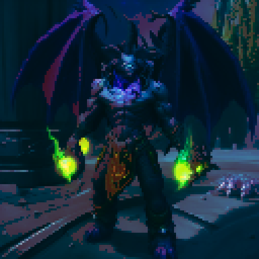 Demon hunter pixel art character, purple background, facing forward, full body, green warglaives in each hand, horns on head, purple skin, demonic glyphs on skin, world of warcraft inspired, game asset