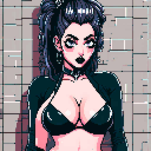 curvy, seductive busty goth babe with studded collar, hair in buns, aroused nude big titty goth in a close-up nude glamour shot, wearing halter top, against a modern tile backsplash, pixel art, sRGB