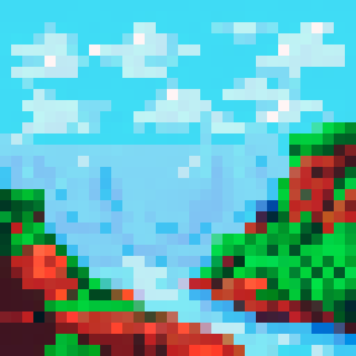 Tiny gun, shiny metal, red trigger, 10x10 pixels, nestled in a lush green landscape with a clear blue sky backdrop - all in pixel art