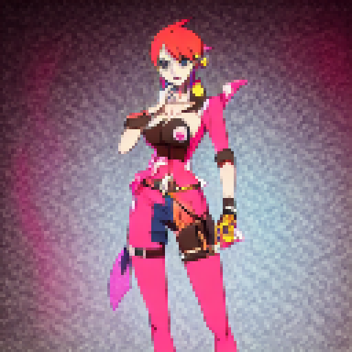 Miss Fortune, clad in a revealing outfit, strikes a seductive pose while gripping her firearm, all rendered in the vibrant and dynamic anime style.