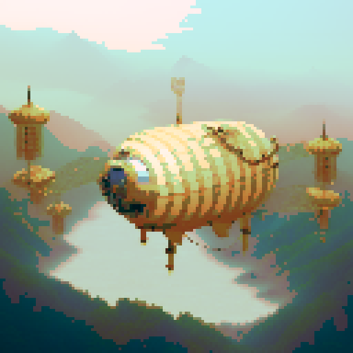 Steampunk airship adorned with gears and brass, soaring above the mist-covered Chinese ivory mountains, capturing the essence of the breathtaking pixel art style