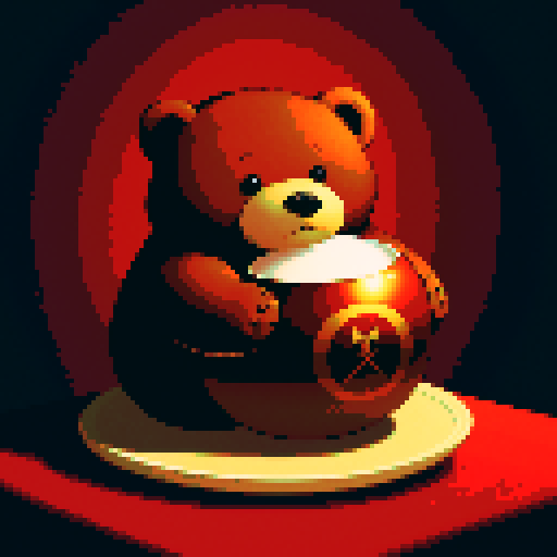 A photography of a chubby bear, button eyes, plush brown fur, in a relaxed mascot pose, enveloped by a rich red background with artistic black shadows. Features a magic ball, a satanic pendant, and a softly glowing wax candle on a table draped in a red tablecloth. Created Using: retro pixel aesthetic, gothic atmosphere, shadow play, poster-style composition, mystical and magical elements, vivid colors, hd quality,