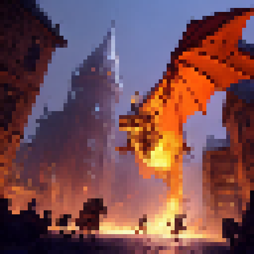 Fiery dragon swoops down, scorching cobblestone streets of bustling medieval city, while knights in shining armor raise swords to defend their kingdom in a fantastical RPG world