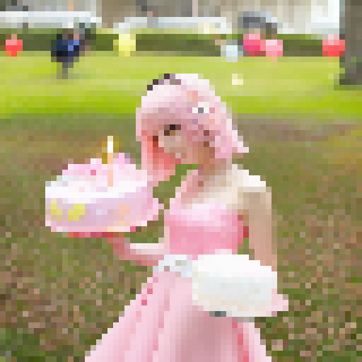 Full body anime-style portrait of a birthday girl in a pink frilly dress, holding a cake with lit candles, surrounded by balloons and confetti.