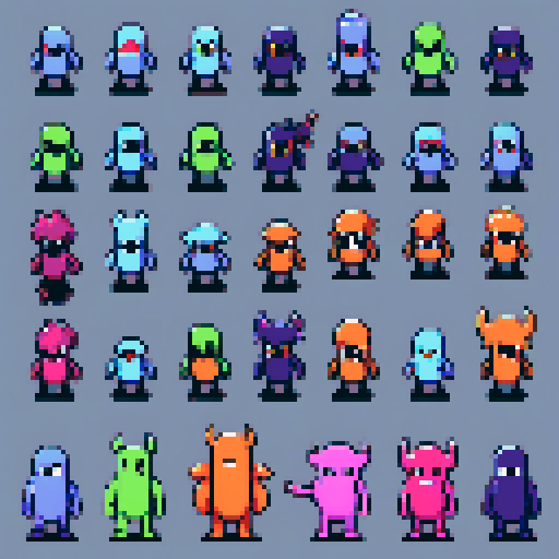 create a bunch of different pixelart 2d monsters i can use as enemies in the game im developing