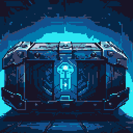mystery box, stone, metall, shiny, pixel art, sRGB, vibrant colors, glowing lights, intricate patterns
