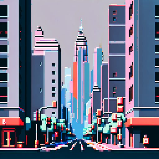 Cityscape, towering skyscrapers, bustling streets, retro video game vibes, blocky pixelated buildings, grey palette, 8-bit art style,ARNE32 palette, little details
