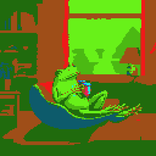 In the cozy ambiance of a dimly lit room, a small, jovial frog perches comfortably upon a plush couch chair, its diminutive size emphasized by the vastness of the furniture. The flickering flames of a nearby fireplace cast a warm glow, enveloping the space in a soft, golden light, creating an atmosphere of comfort and relaxation. With a mug clasped delicately between its tiny webbed fingers, the contented frog takes a sip of steaming coffee, its expression reflecting pure bliss.
