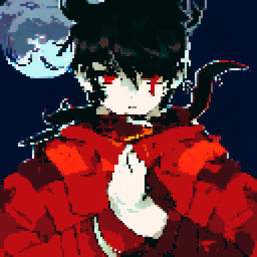 Male half-demon warrior, short black hair, captivating fusion of dark and fiery elements, red eyes reflecting fierce determination and vulnerability, attire blending traditional and modern influences from human and demon, character portrait, anime style, pixel art, close-up
