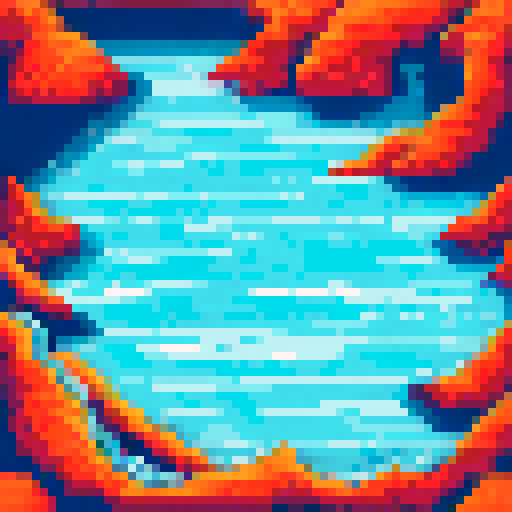 ocean waves crashing, vibrant blue hues, pixelated ripples, sandy beach, rocky shoreline, seagulls flying, distant horizon, tranquil atmosphere, top down,