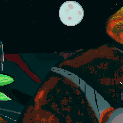 The scene is set as the main protagonist, gurney as seen in the bottom right is on a hill looking over a desolate area with sparse plant life up in flame. We see the back of his head, with his distinct jaw and a cigarette in his mouth. in the distance is a large laboratory, which has smoke coming out of it and a hole in the top. The sky is full of starts, a moon and a distant alien planet