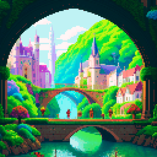 city, high tech castles, cathedrals with glowing stained glass windows, futuristic bridges spanning lush greenery, pixelated trees and flowers, small digital animals roaming, all in vibrant sRGB colors