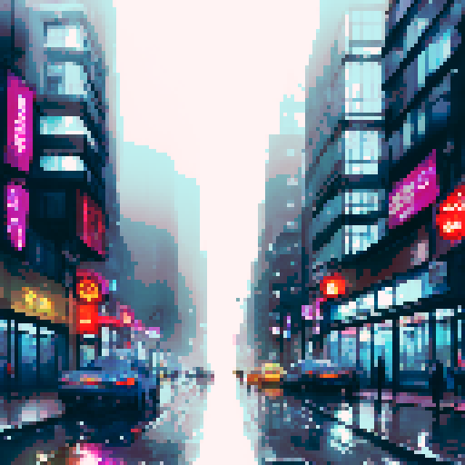 rain-soaked streets, towering skyscrapers, vibrant neon lights, cascading water droplets, misty reflections, umbrella-clad pedestrians, foggy silhouettes, glistening pavement, moody atmosphere, dramatic cityscape