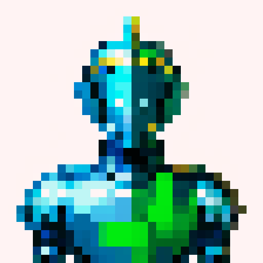 armoured knight, intricate metallic details, vibrant colors, 8-bit inspired, sharp edges, blocky forms, limited color palette, retro gaming vibes, high contrast, dithering effects, low resolution, nostalgic feel, iconic helmet, shiny armor plating