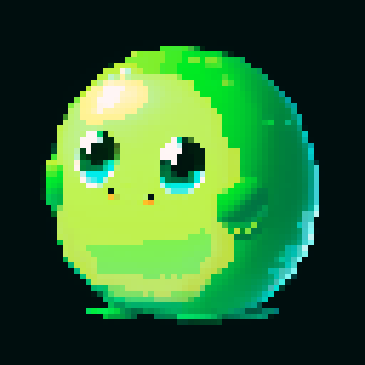 A larger, more formidable amorphous blob with a thicker, more opaque green body. It has bigger eyes and a wider smile, with more bubbles inside. No background.
